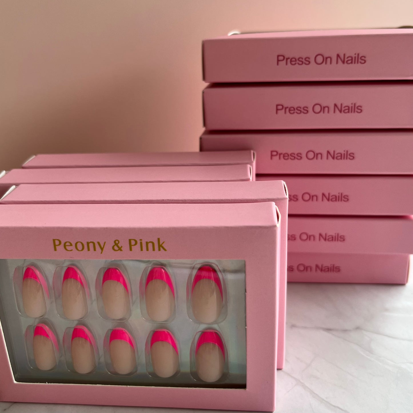 Fuchsia Glow - Short Almond Neon Pink Baby French Tip Gel Press On Nails