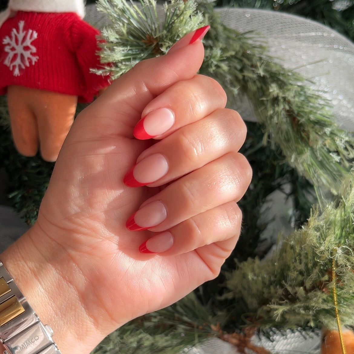 Candy Pop - Short Almond Cherry Red French Tip Gel Press On Nails