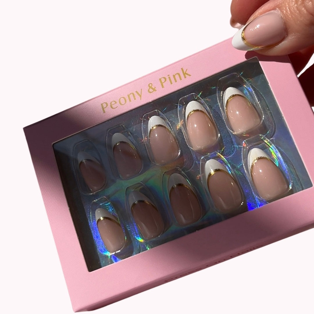 Golden Muse - Short Almond French Tip Gold Accent Gel Press On Nails