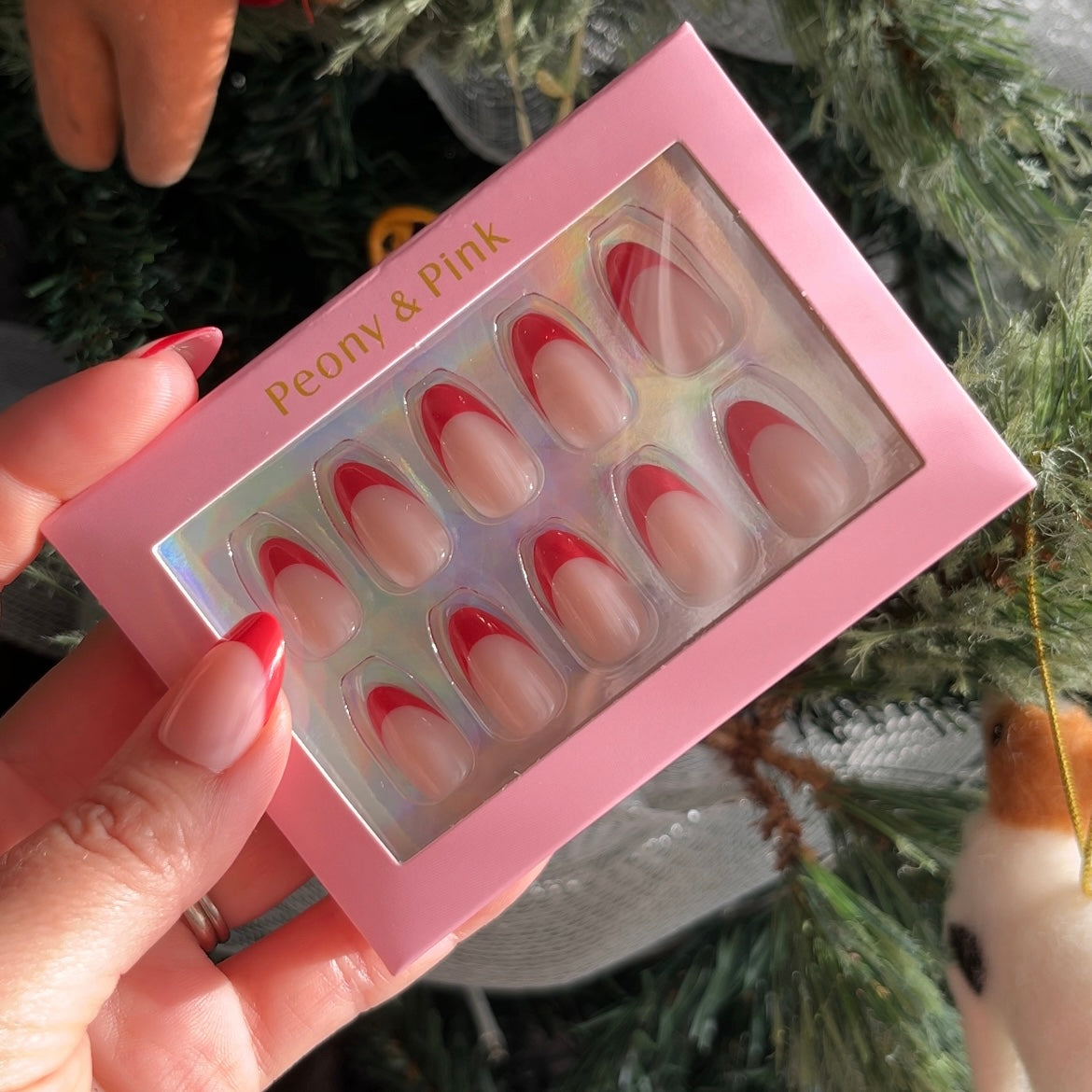 Candy Pop - Short Almond Cherry Red French Tip Gel Press On Nails