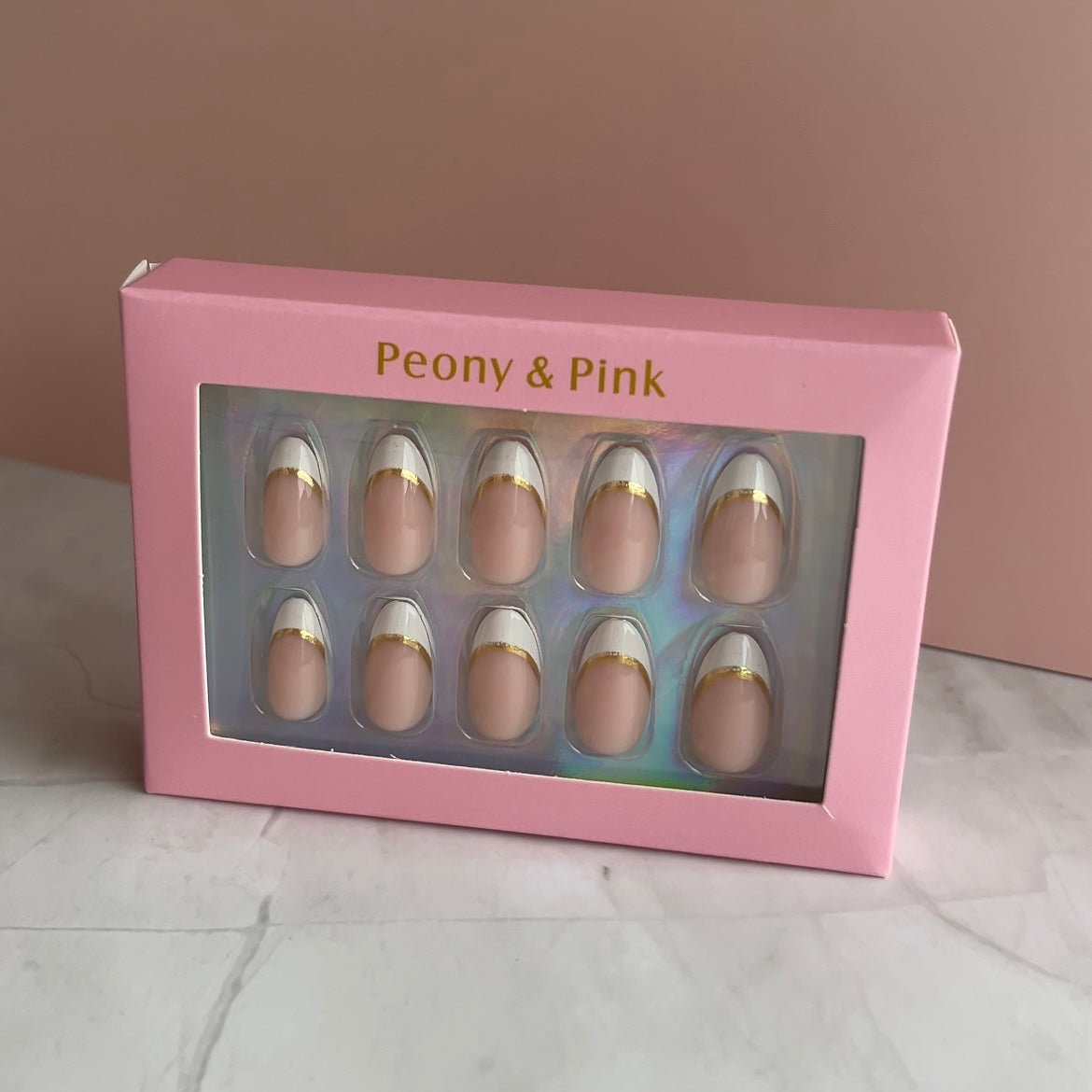 Golden Muse - Short Almond French Tip Gold Accent Gel Press On Nails