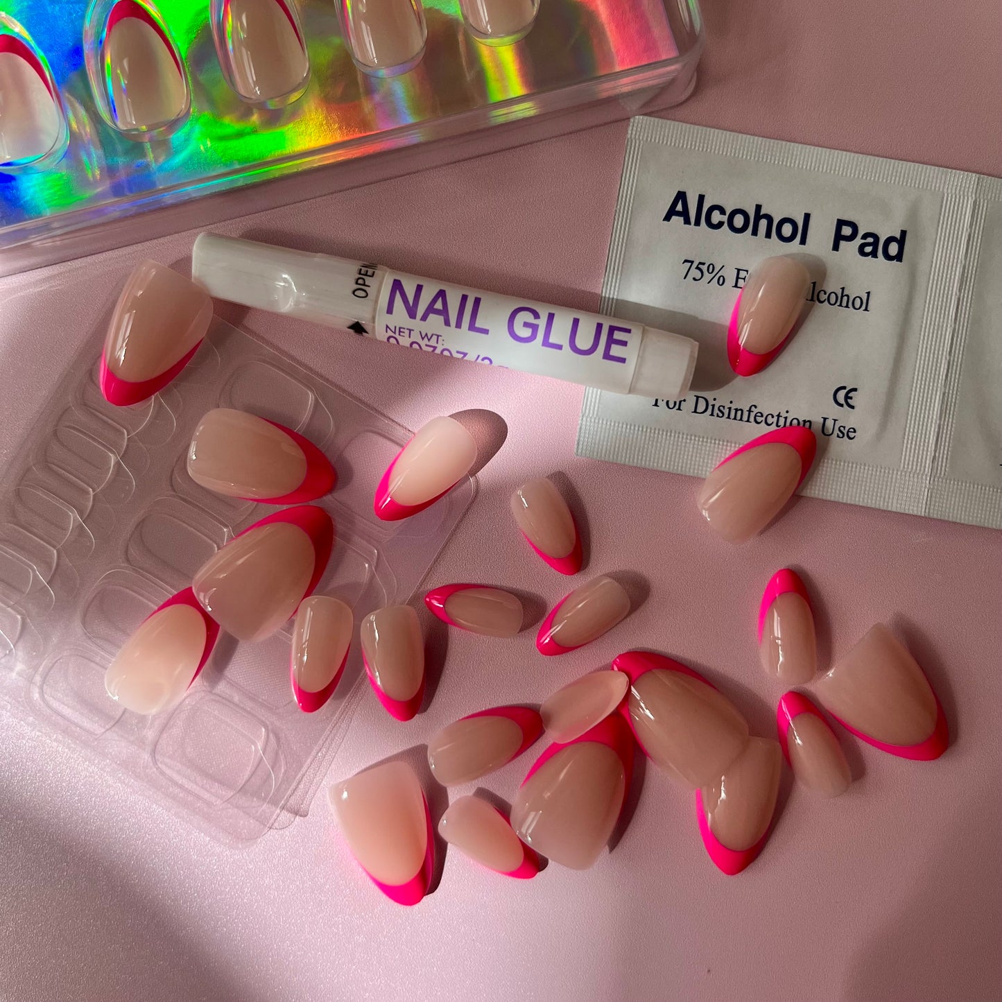 Fuchsia Glow - Short Almond Neon Pink Baby French Tip Gel Press On Nails