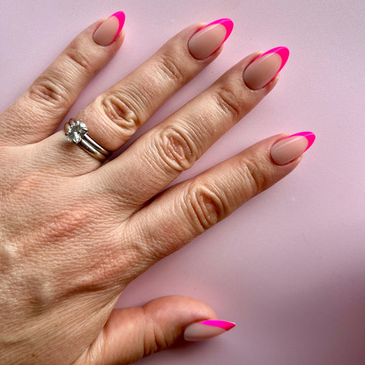 Fuchsia Glow - Short Almond Neon Pink Baby French Tip Gel Press On Nails